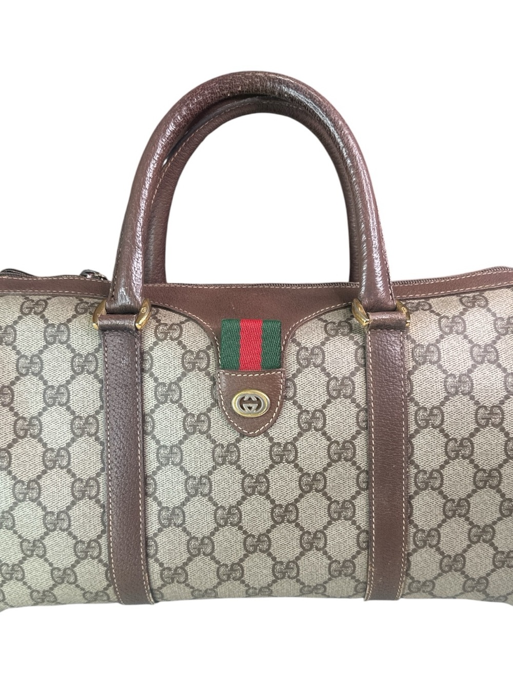 Gucci Brown Vintage GG Supreme Tote with Green-Red Web